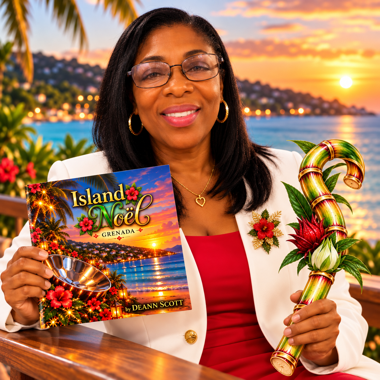 Deann Scott holding Island Noël artwork and decorative sugarcane