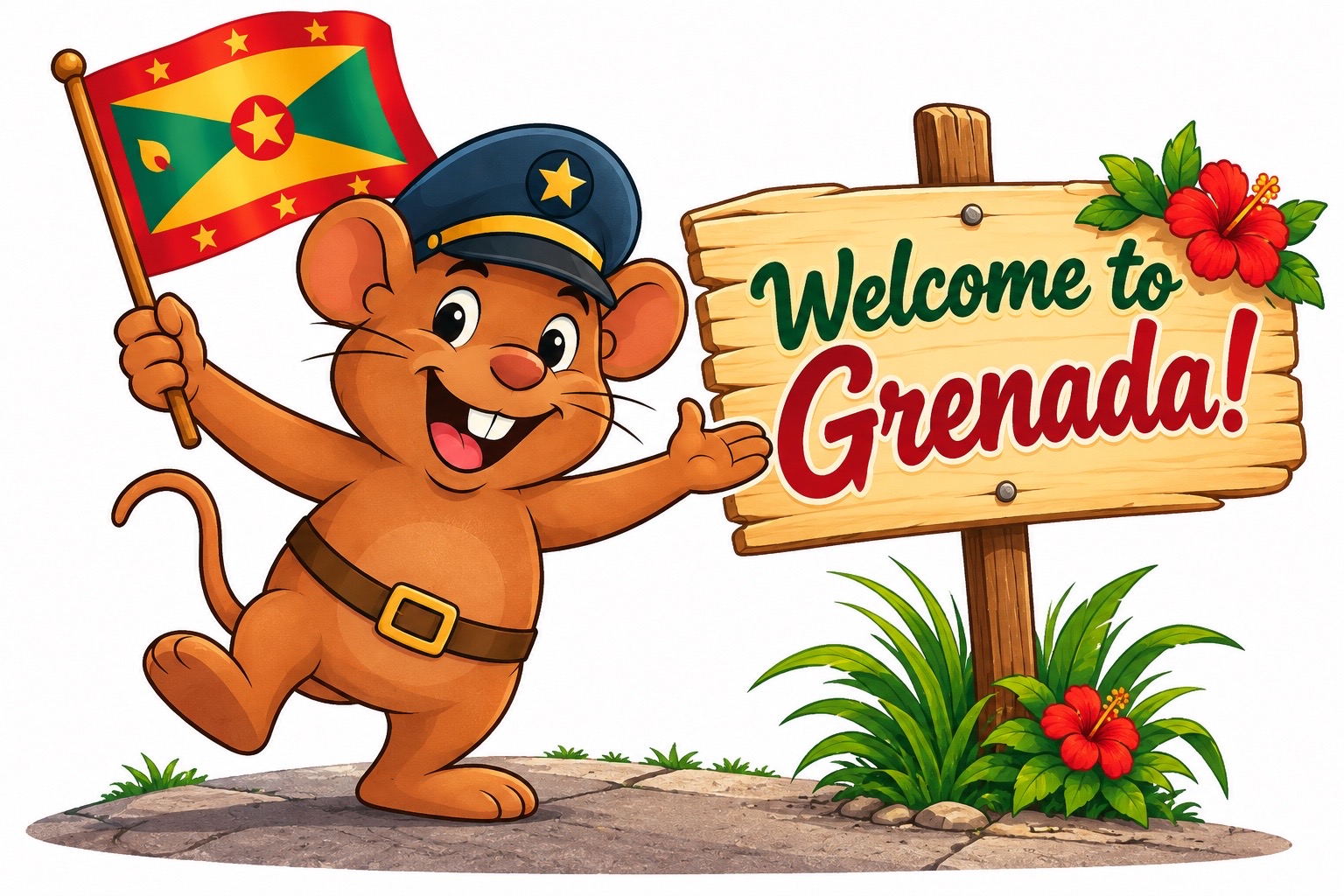 Captain Squeak, the smiling Grenadian mascot, waving a Grenadian flag