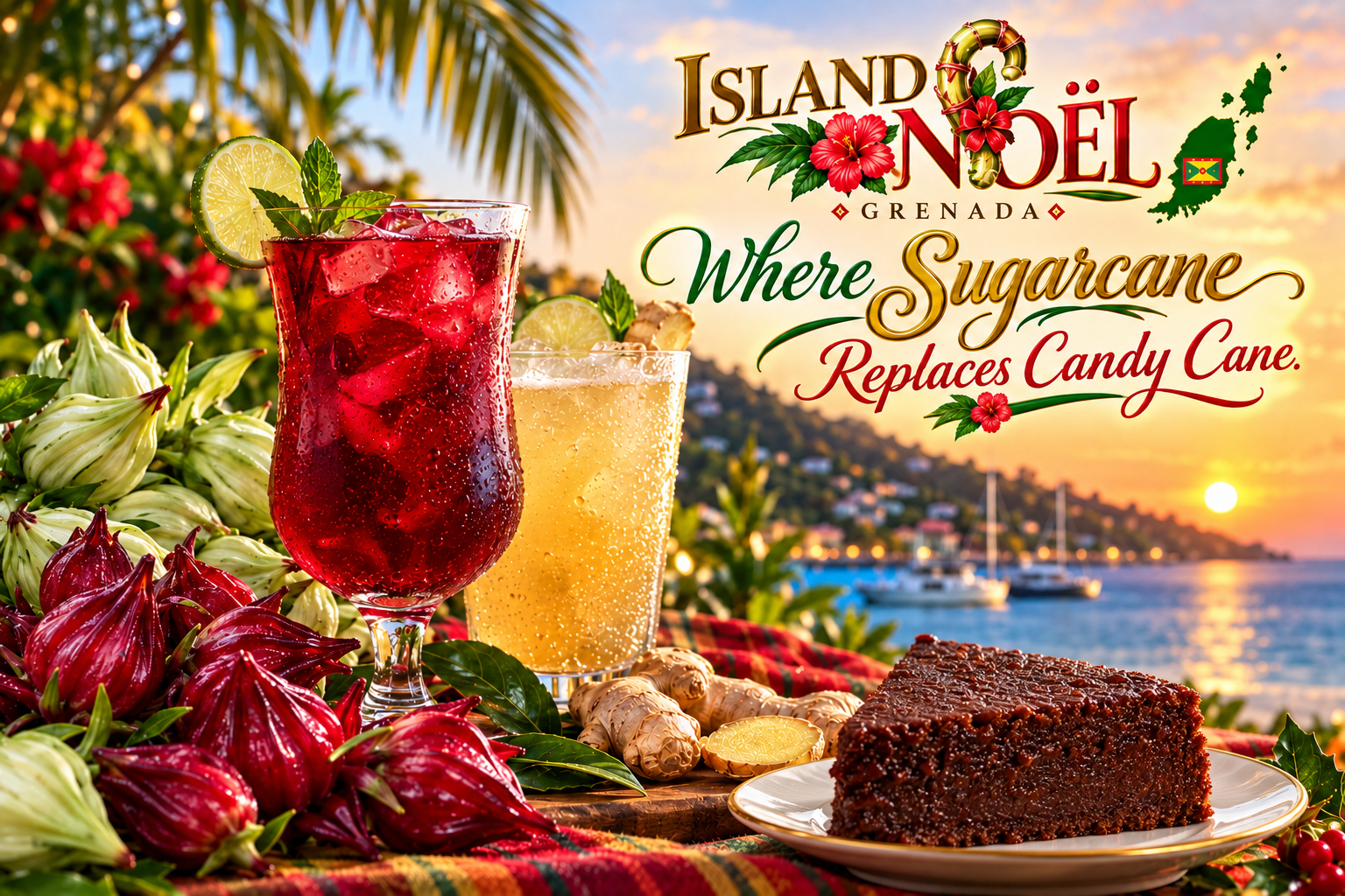 Grenadian Christmas still life featuring ruby-red sorrel drink, golden ginger beer, freshly harvested red and pale green sorrel, fresh ginger and moist Christmas black cake