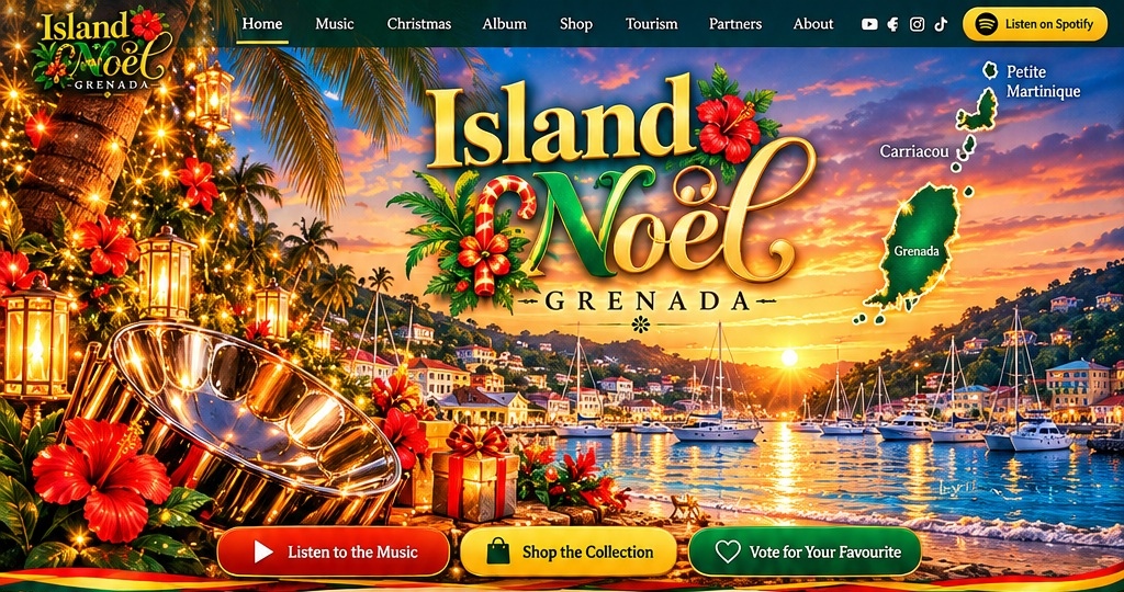 Approved Island Noël hero: sunset Carenage, steelpan, Grenada island silhouettes, and three red, yellow, green buttons